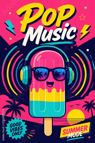 Pop Music Summer Vector Illustration with Cartoon Popsicle Character