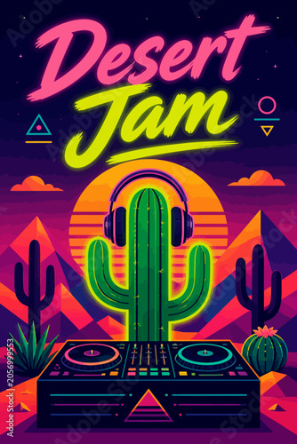 Retro Synthwave Desert Jam Vector Illustration with Cactus DJ Poster