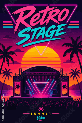 Retro synthwave summer stage vector illustration with neon palm trees