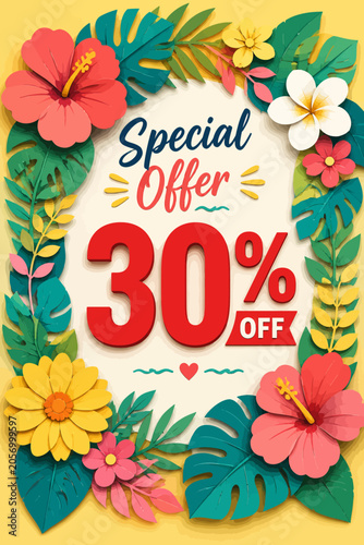 Tropical Floral Special Offer 30 Percent Off Vector Illustration