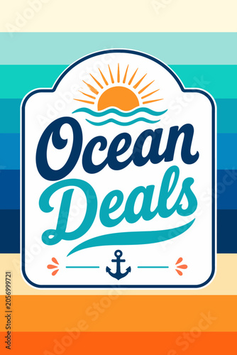 Vintage Nautical Ocean Deals Vector Illustration with Sunset and Anchor