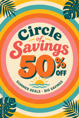 Retro Summer Sale Vector Poster with Circle of Savings 50 Percent Off