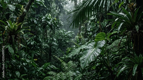 Sunlight shining through deep green tropical jungle leaves and dense rain forest plants in a wild natural summer environment