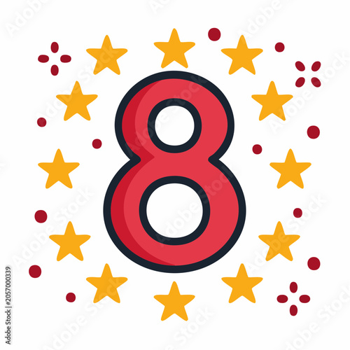 Number 8 with Stars and Confetti