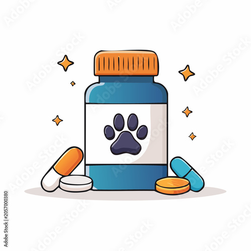 Pet Medication Bottle with Paw Print and Pills
