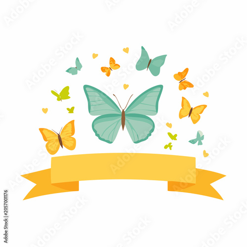 A colorful illustration of butterflies flying around a yellow ribbon banner with a large teal butterfly prominently displayed in the center outdoors.