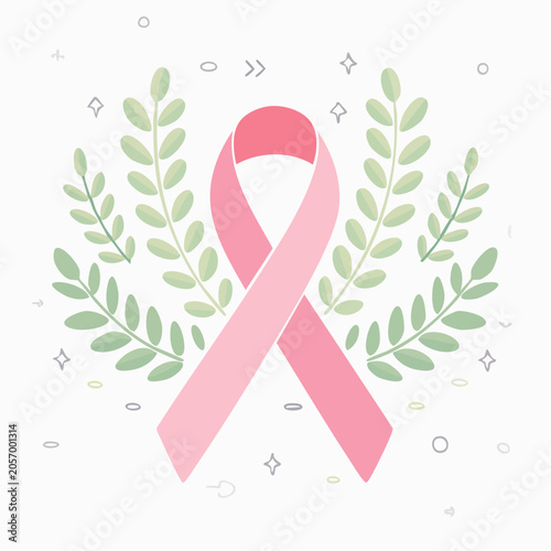 Pink ribbon surrounded by green leaves and decorative elements symbolizes awareness and support