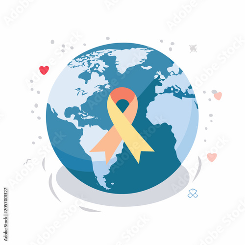 The globe displays a yellow and orange ribbon on its surface surrounded by hearts.