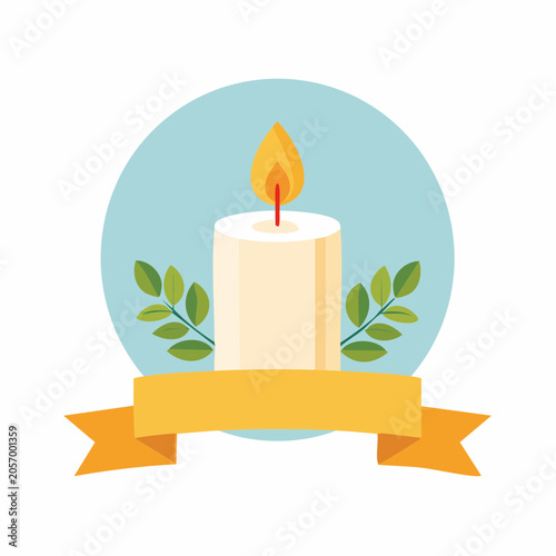 A lit candle with green leaves and a yellow ribbon is displayed on a blue background with a flame burning.