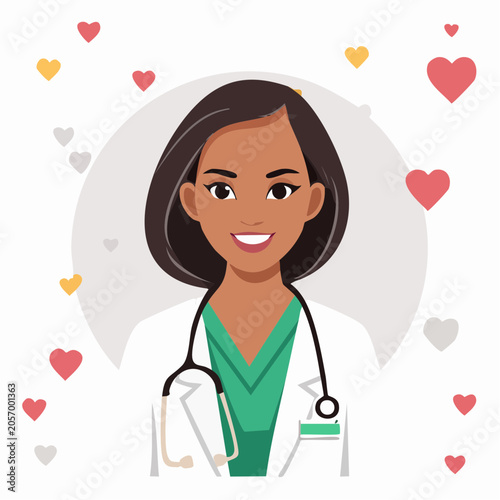 Female doctor smiling surrounded by colorful hearts and wearing a stethoscope