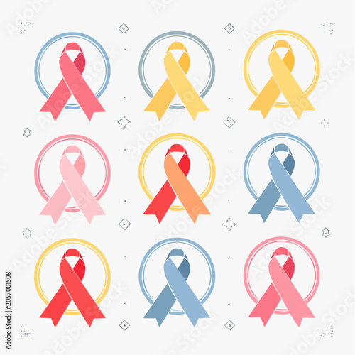 Colorful awareness ribbons arranged in rows on a plain surface with circles