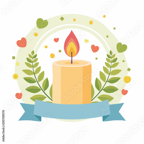 A lit candle surrounded by decorative hearts and leaves on a ribbon