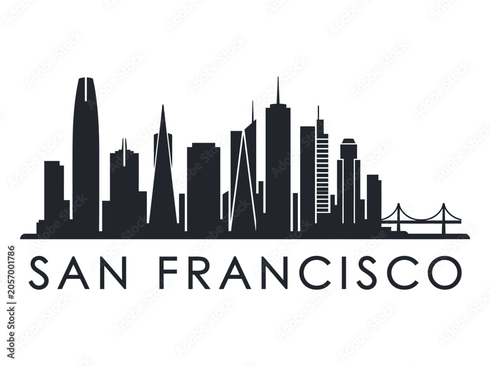 Fototapeta premium Iconic San Francisco city skyline vector illustration featuring famous architectural landmarks and bridge silhouette for urban design projects.