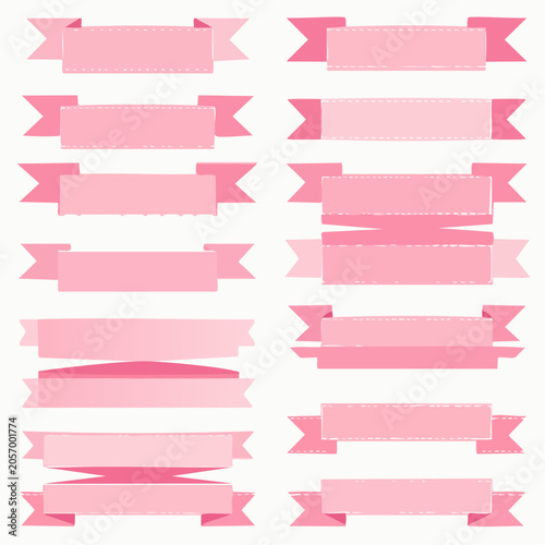 Ribbon banners in various pink shades and styles are arranged on a white background for design purposes.