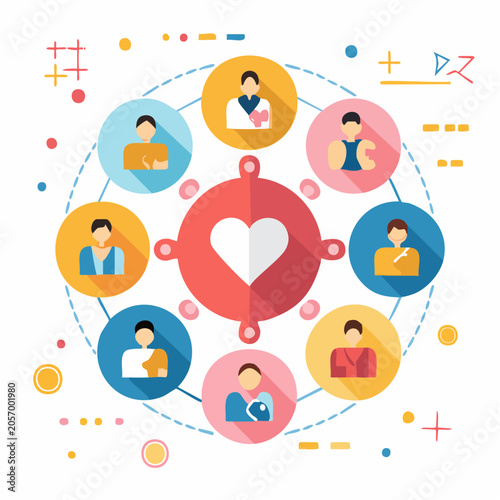 People connect around a heart symbol in a colorful social network illustration.