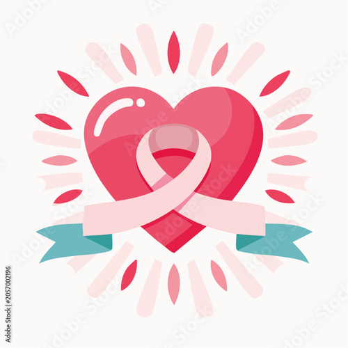 A symbolic illustration of intertwined hearts with a ribbon surrounded by colorful shapes.