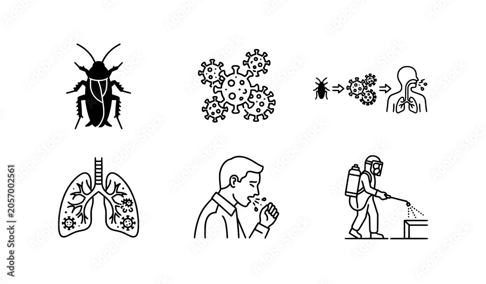 Obraz premium Pest control and respiratory health vector icon set, cockroach transmission of virus, lung infection, coughing man and professional exterminator spraying pesticide