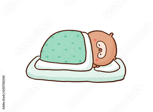 Fotografija Raccoon dog pretending to be asleep in bed with one eye open, feigning sleep idi