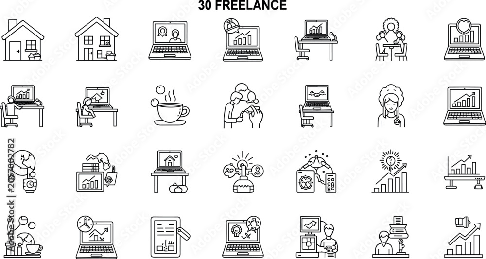 Fototapeta premium Freelance Work Icon Set With Home Office Laptop Client Meeting Analytics And Remote Business Vector Illustration