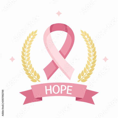 A pink ribbon surrounded by laurels and sparkles symbolizes hope for breast cancer awareness with a pink banner.