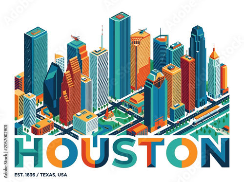 Modern isometric illustration of the Houston city skyline, with skyscrapers, roads, and public transport in Texas, USA.