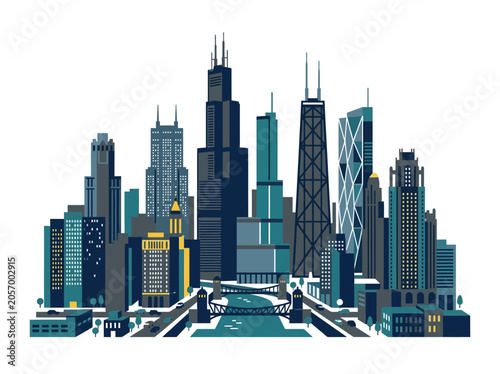 Flat graphic illustration of Chicago's dynamic cityscape, featuring towering skyscrapers, a winding river, and prominent bridges.