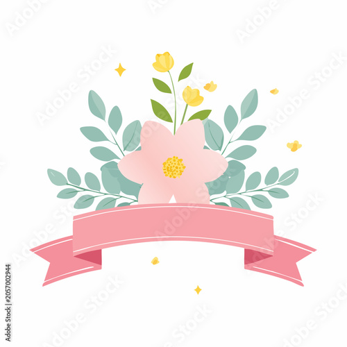 A beautiful floral illustration with a pink ribbon and yellow flowers surrounded by green leaves and sparkles on a clean background.