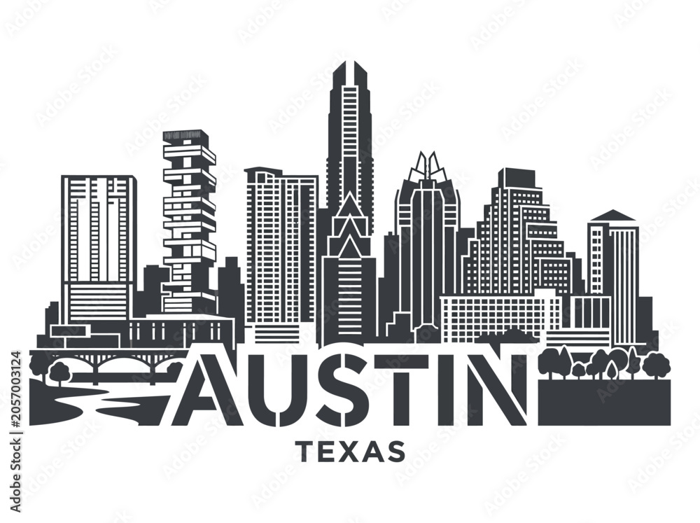 Obraz premium Graphic silhouette illustration of the vibrant Austin, Texas city skyline showcasing diverse modern architectural buildings