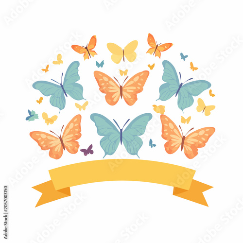 A vibrant illustration of colorful butterflies surrounding a yellow banner, flying together outdoors in a lively display of nature and freedom.