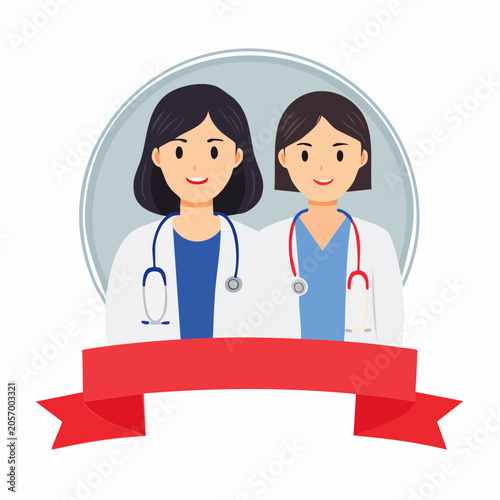 Two smiling female doctors standing together with stethoscopes around their necks