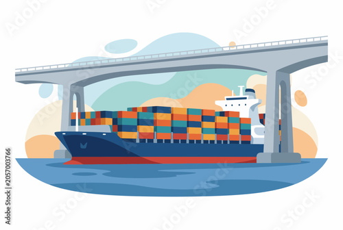 Tablou pe pânză Large Container Ship Passing Under Bridge for Global Logistics