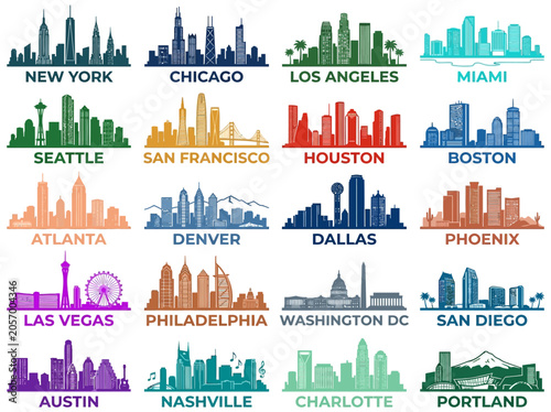 Showcasing iconic American city skylines in a vibrant collection of vector stencil illustrations, depicting major urban landscapes.