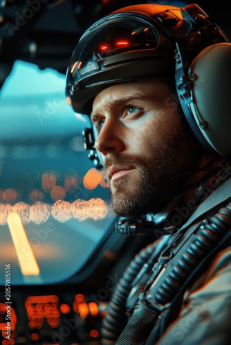 Pilot in cockpit during night mission military aircraft portrait intense environment close-up courage and duty
