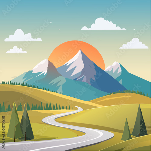 Winding road through green hills and mountain peaks at sunset