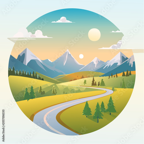 Winding mountain road landscape through green hills under two suns