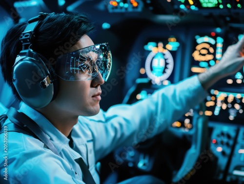 Pilot in high-tech cockpit airplane simulator digital environment futuristic viewpoint aviation concept
