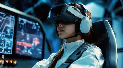 Virtual reality training experience for future pilots high-tech simulator immersive environment close-up view aviation