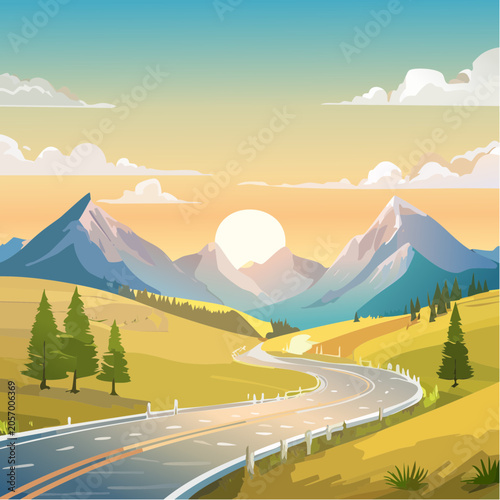 Winding highway through hills toward snow peaked mountains at sunset