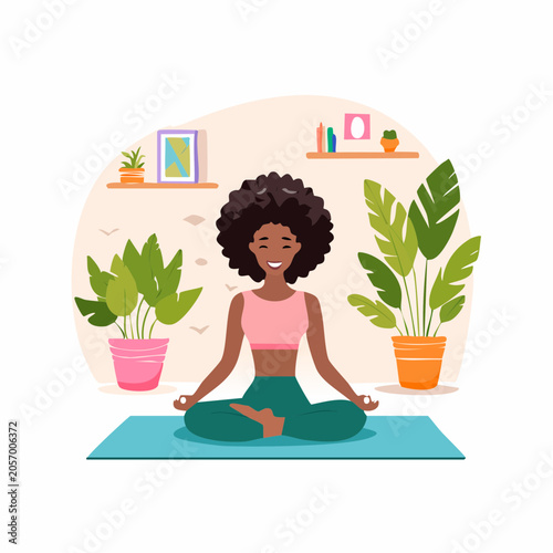 Serene Black woman practicing yoga and meditation in a cozy room