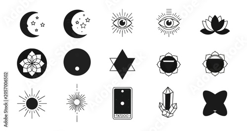 Mystical symbols and celestial elements design on black background