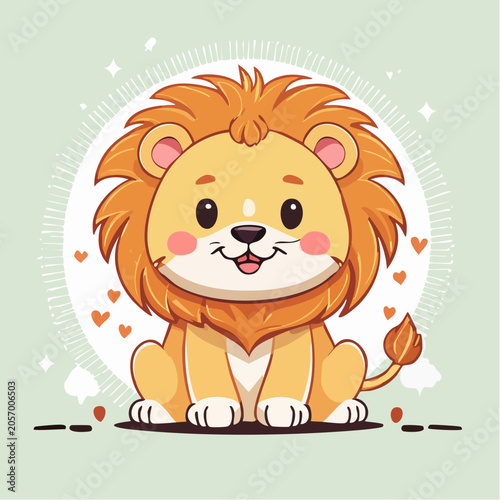 Adorable Baby Lion Cub Sitting with Big Orange Mane and Happy Smile