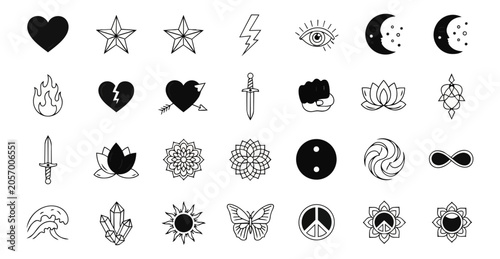 Set of various minimalist icons and symbols on dark background