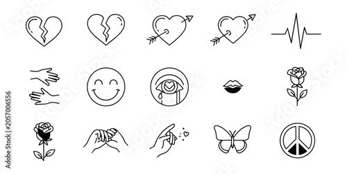 Set of minimalist white line art illustrations on black background
