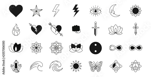 Set of various symbolic black and white icons on a dark background
