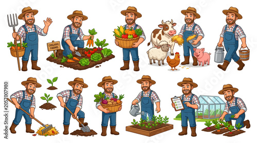 riendly farmer mascot collection featuring harvesting, gardening, livestock care and organic agriculture activities in a colorful cartoon vector style.