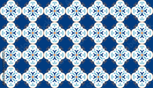 Blue and white ceramic tile seamless pattern, Mediterranean Portuguese azulejo vector design, decorative classic pola motif background