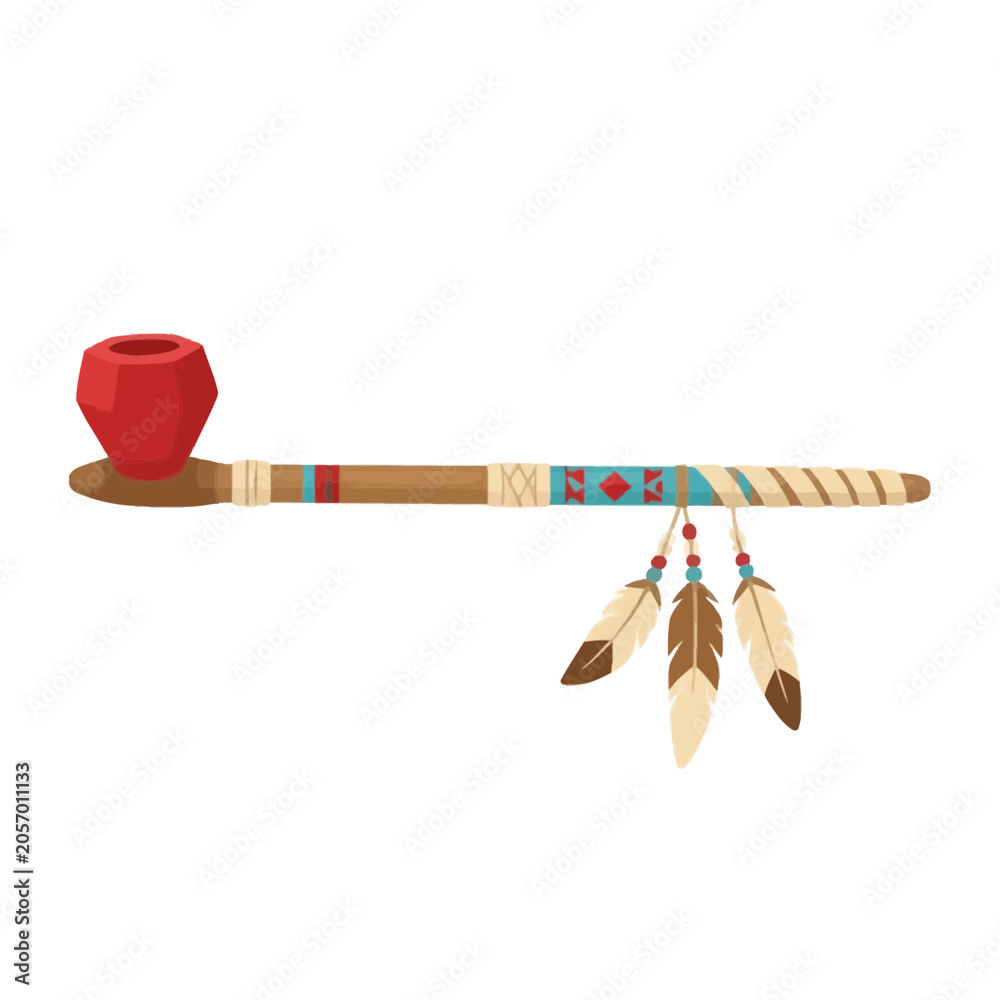Naklejka premium Traditional Native American Ceremonial Peace Pipe Vector Illustration with Red Stone Bowl, Decorated Wooden Stem, Leather Wraps, Tribal Patterns, and Hanging Feathers on White
