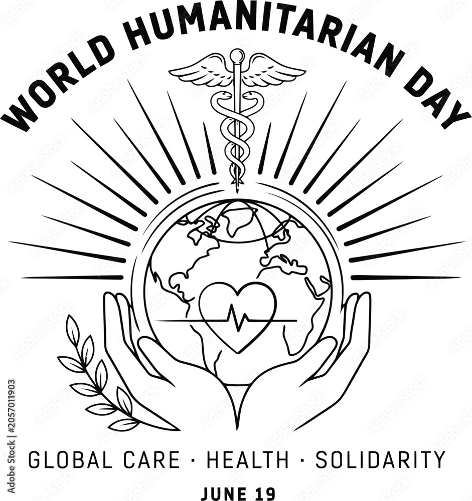 Fototapeta premium World humanitarian day logo with globe hands heart caduceus and solidarity message humanitarian solidarity