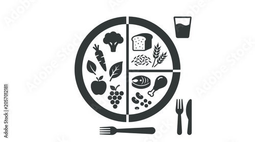 Bild auf Leinwand Plate diagram illustrates a balanced meal with food groups and nutritional sections for healthy eating