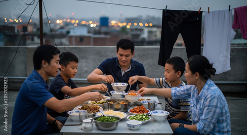 Family eating together on rooftop table.
